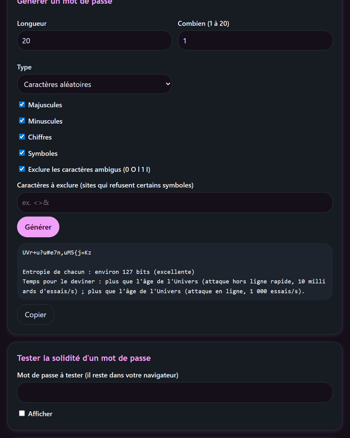 PassForge : mot de passe généré et temps pour le deviner